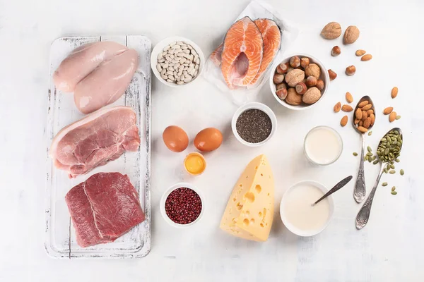 Alimentos Ricos Proteínas Visão Superior Conceito Alimentação Saudável — Fotografia de Stock