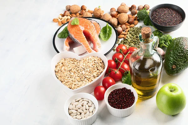 Zdrowa Żywność Dla Serca Cholesterol Dieta Pojęcie Zdrowego Serca Miejsce — Zdjęcie stockowe