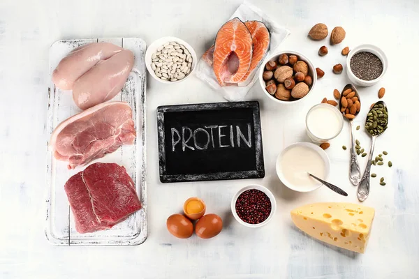 Alimentos Ricos Proteínas Top View Concepto Alimentación Saludable — Foto de Stock