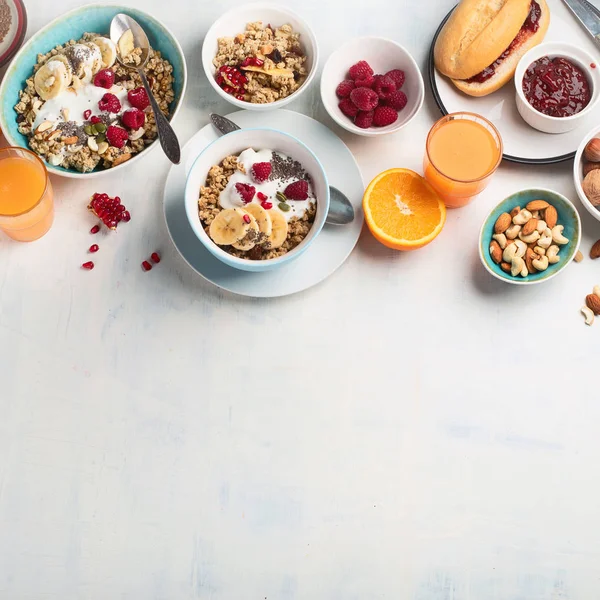 Τραπέζι Πρωινού Υγιεινό Πρωινό Συστατικά Top View Αντίγραφο Χώρου — Φωτογραφία Αρχείου