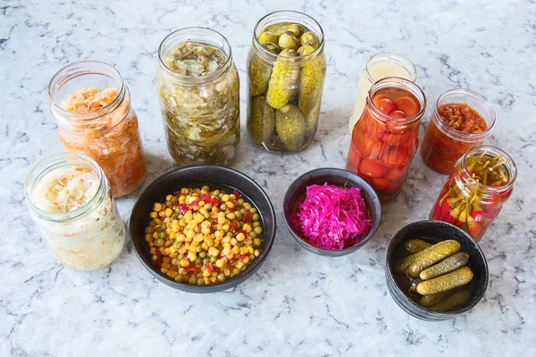 Fermented preserved vegetables. Fermented preserved vegetarian and pickled food concept — Stock Image Fermented Preserved Vegetables Fermented Preserved Vegetarian Pickled Food Concept Stock Image