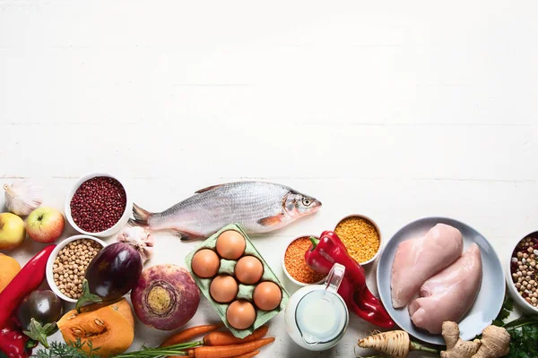 Anordnung Der Produkte Für Ausgewogene Ernährung Gesundes Kochkonzept — Stockfoto