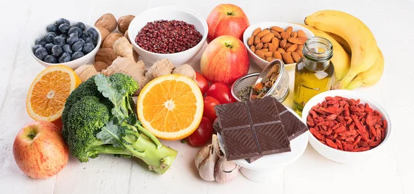 Primer Plano Las Fuentes Alimentos Antioxidantes Naturales Concepto Dieta Saludable — Foto de Stock