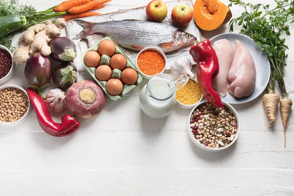 Arranjo Produtos Para Uma Dieta Equilibrada Conceito Culinária Saudável — Fotografia de Stock