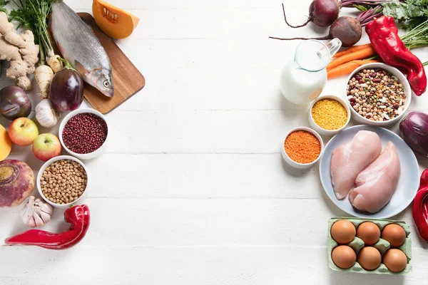 Dengeli Beslenme Sağlıklı Pişirme Kavramı Için Ürünlerin Düzenleme — Stok fotoğraf