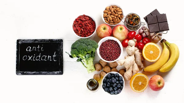 Élelmiszer Források Természetes Antioxidánsok Egészséges Táplálkozás Koncepció — Stock Fotó