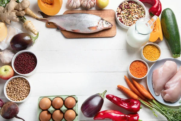 Arranjo Produtos Para Uma Dieta Equilibrada Conceito Culinária Saudável — Fotografia de Stock