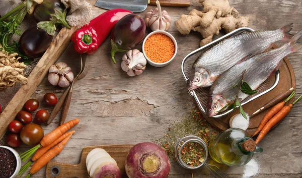 Vista Superior Los Ingredientes Cocina Tablero Madera Rústico Concepto Estilo — Foto de Stock