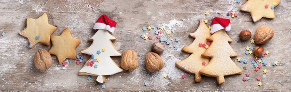 Vista Superior Las Galletas Navidad Sobre Fondo Rústico Madera — Foto de Stock