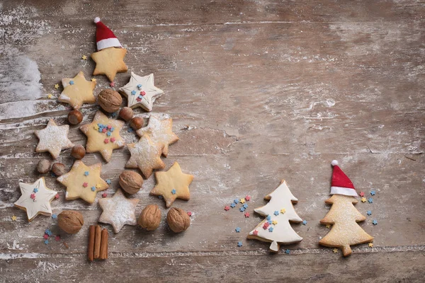 Top View Christmas Cookies Rustic Wooden Background — Stock Photo, Image