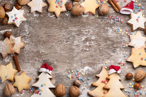 Top View Christmas Cookies Rustic Wooden Background — Stock Photo, Image