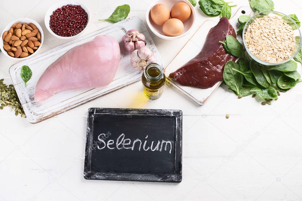 close up view of arrangement of foods High in Selenium, healthy diet concept