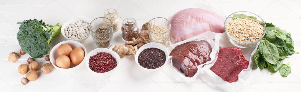 close up view of arrangement of products rich in Iron, healthy diet concept