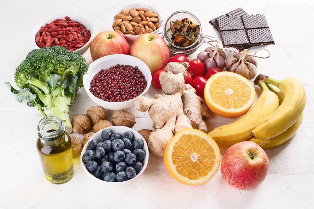 close up view of food sources of natural antioxidants,healthy diet concept