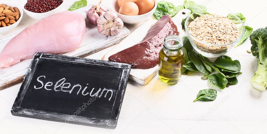 close up view of arrangement of foods High in Selenium, healthy diet concept