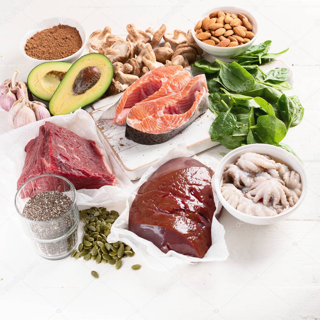 arrangement food high in Zinc on white tabletop, healthy diet concept