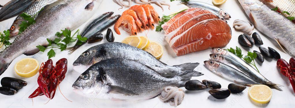 assortment of fresh fish and seafood. healthy eating concept