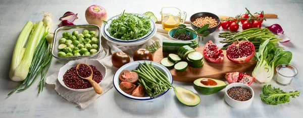 Panoramic View Tasty Seasonal Vegan Cooking Ingredients Tabletop Healthy Food — Stock Photo, Image