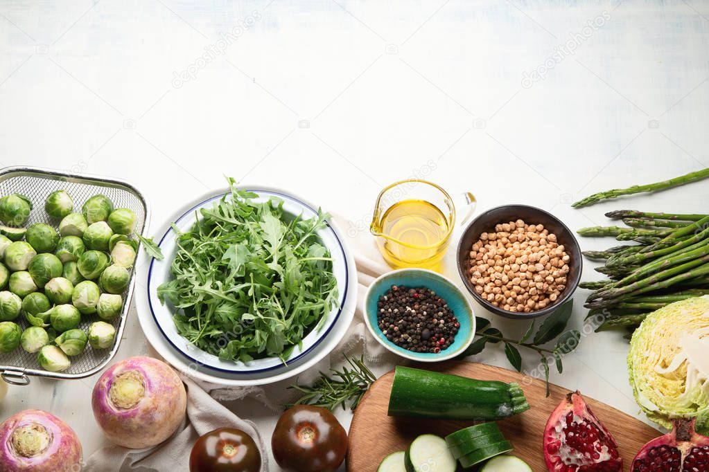 top view of yummy Seasonal vegan cooking ingredients on tabletop, healthy food concept