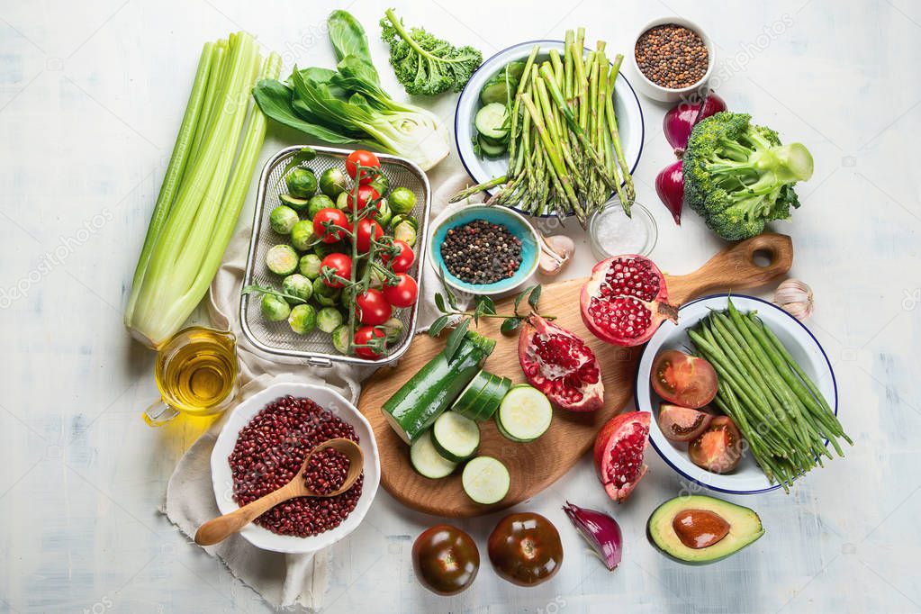 top view of delicious Seasonal vegan cooking ingredients on tabletop, healthy food concept