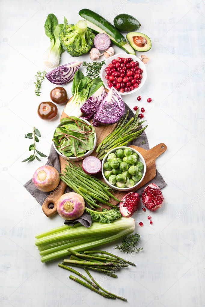 top view of healthy Seasonal vegetables for healthy cooking on tabletop