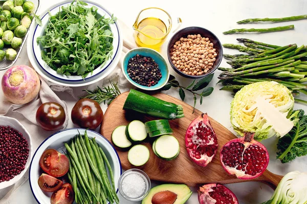 Säsongsöppen Vegetarisk Och Vegansk Matlagning Ingredienser Hälsosam Mat Bakgrund Ovanifrån — Stockfoto