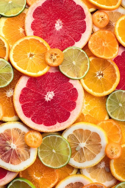 Čerstvé Citrusové Plody Řezy Barevné Pozadí — Stock fotografie