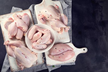 Tavuk eti siyah arka plan üzerine farklı türleri. Sağlıklı bir diyet yemek. Üstten görünüm 