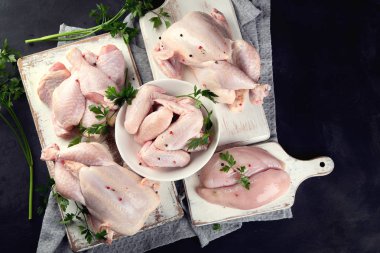 Tavuk eti siyah arka plan üzerine farklı türleri. Sağlıklı bir diyet yemek. Kopya alanı ile üstten görünüm