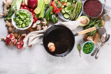 Sebze, meyve, tahıl, fasulye, superfoods vegan, Vejetaryen, temizlik beslenme diyet için. Diyet gıda kavramı. Sağlıklı gıda arka plan 