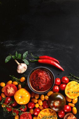 Malzemeler ile domates sosu. Üstten görünüm, düz kopya alanı ile yatıyordu
