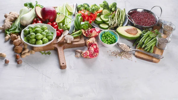 Grönsaker Frukt Spannmål Bönor Superfoods För Vegan Vegetarisk Ren Äta — Stockfoto