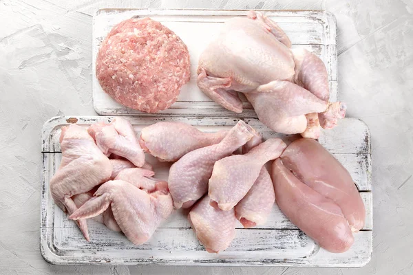 Διαφορετικοί Τύποι Νωπό Κρέας Κοτόπουλου Υγιεινή Διατροφή Τρώγοντας Top View — Φωτογραφία Αρχείου