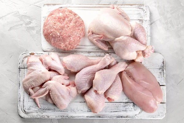 Diferentes Tipos Carne Crua Frango Alimentação Saudável Vista Superior — Fotografia de Stock