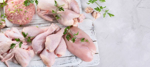 Diferentes Tipos Carne Fresca Pollo Alimentación Saludable Vista Superior Con — Foto de Stock