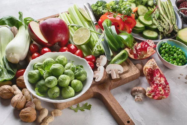 Овочі Фрукти Зернові Боби Суперпродукти Вегетаріанської Вегетаріанської Чистої Їжі Концепція — стокове фото