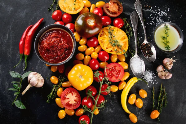 Tomato Sauce Ingredients Top View Flat Lay — Stock Photo, Image