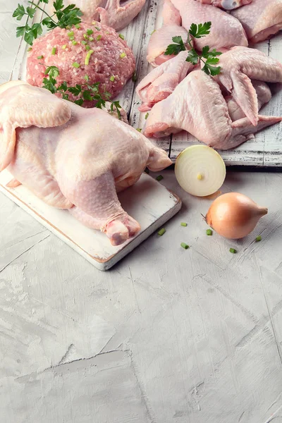 Different types of fresh chicken meat. Healthy diet eating. Top view with copy space