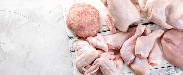 Verschillende Soorten Rauwe Kippenvlees Het Eten Van Gezonde Voeding Bovenaanzicht — Stockfoto