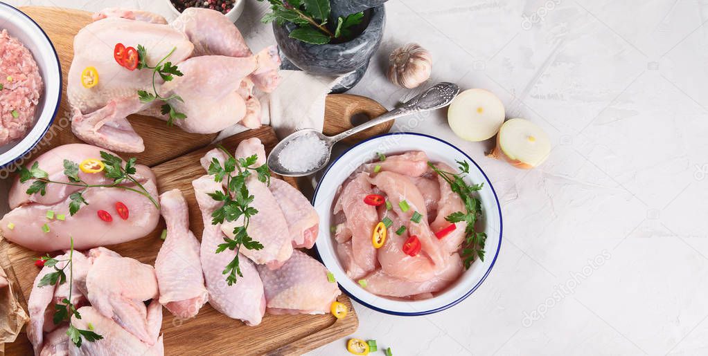 Different types of fresh chicken meat. Top view, flat lay. Paanorama, banner with copy space