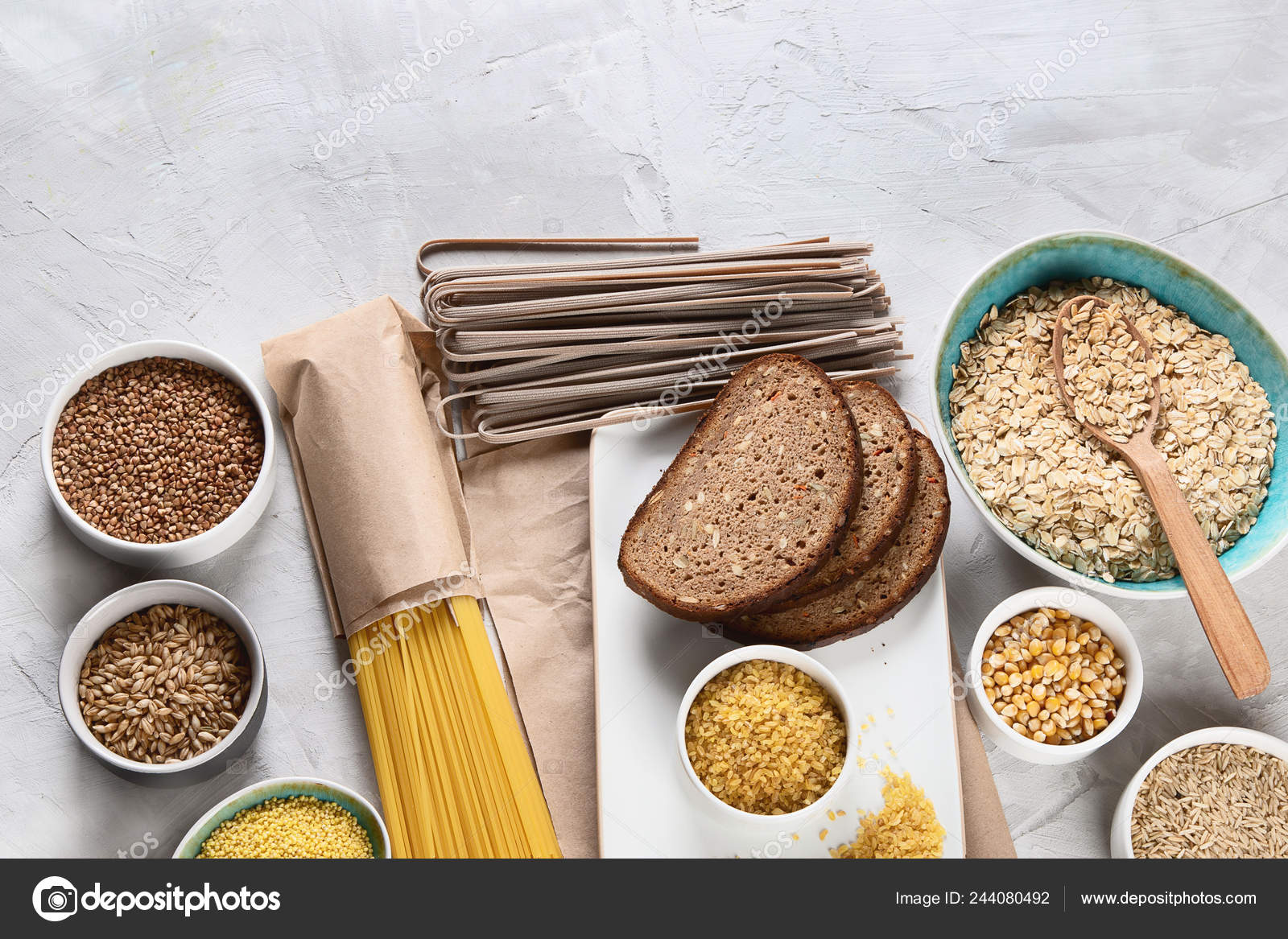 Different Types Cereals Grains High Dietary Fiber Foods Top View Stock