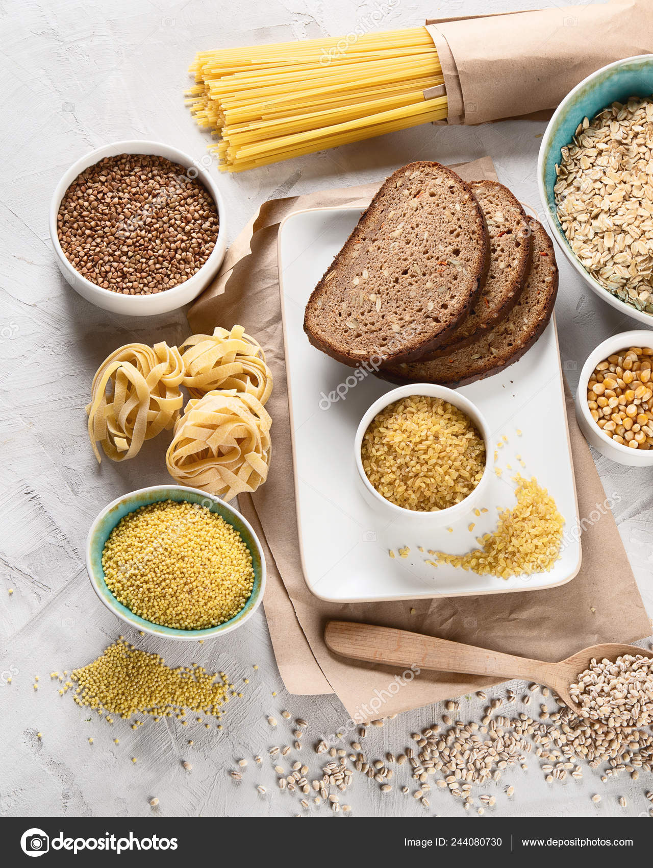 Different Types Cereals Grains High Dietary Fiber Foods Stock Photo by