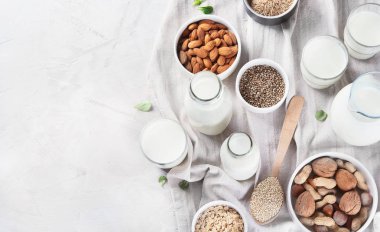 Vegan olmayan günlük süt. Süt alternatif türleri. Vegan gıda kavramı. Kopya alanı ile üstten görünüm