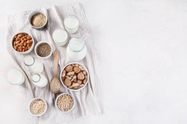 Vegan olmayan günlük süt. Süt alternatif türleri. Vegan gıda kavramı. Kopya alanı ile üstten görünüm