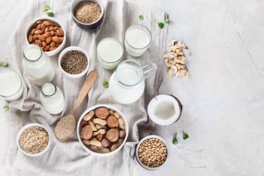 Vegan olmayan günlük süt. Süt alternatif türleri. Vegan gıda kavramı. Kopya alanı ile üstten görünüm