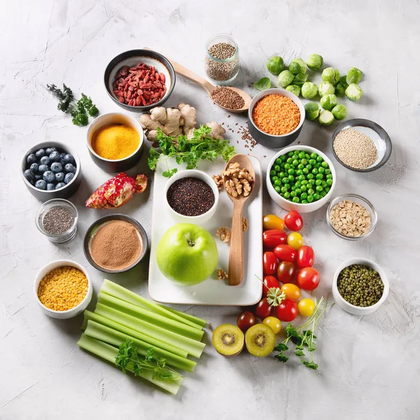 Verduras Frutas Cereales Superalimentos Para Alimentación Vegana Vegetariana Comer Limpio — Foto de Stock