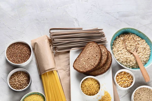 Diferentes Tipos Cereales Granos Alimentos Ricos Fibra Dietética Vista Superior — Foto de Stock