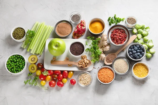 Groenten Fruit Graan Supervoeding Voor Veganistisch Vegetarisch Eten Schoon Eten — Stockfoto