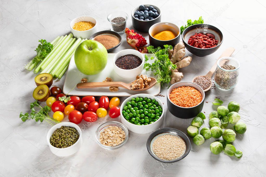 Vegetables, fruit, grain, superfoods for vegan and vegetarian eating. Clean eating. Detox, dieting food concept