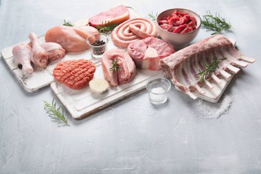 Çiğ et - sığır eti, domuz eti, kuzu, tavuk baharat ile. Kopya alanı ile görüntü